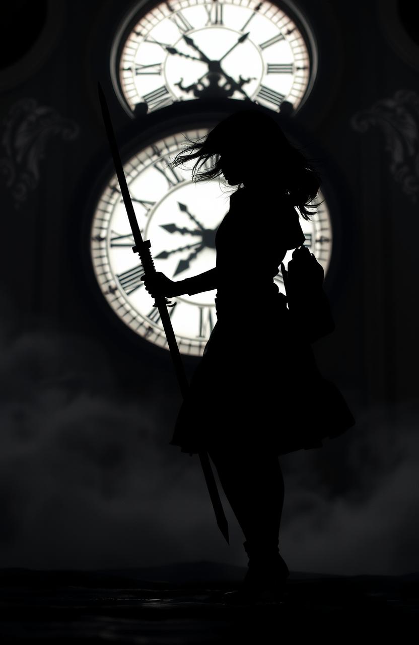 A silhouette of a girl walking confidently while holding a sword, with a large, ornate clock in the background