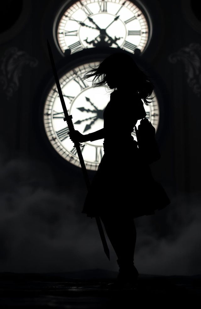 A silhouette of a girl walking confidently while holding a sword, with a large, ornate clock in the background