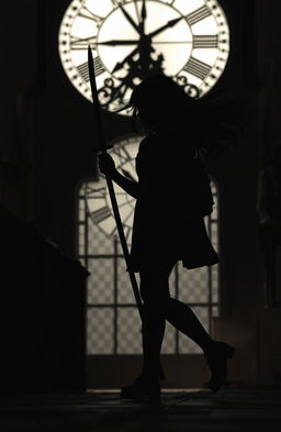 A silhouette of a girl walking confidently while holding a sword, with a large, ornate clock in the background