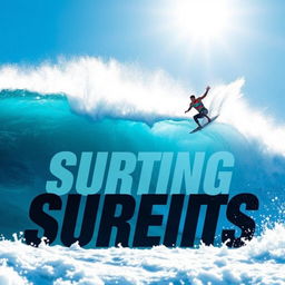 A dynamic scene of a surfer skillfully riding a massive, glistening blue wave