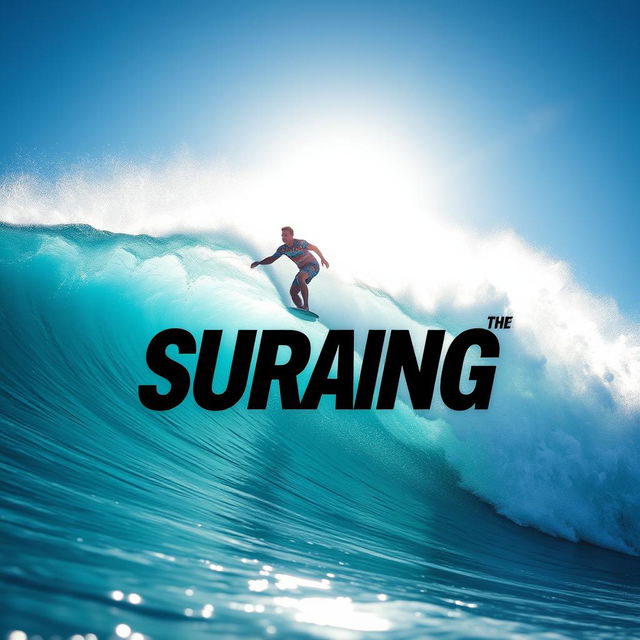 A dynamic scene of a surfer skillfully riding a massive, glistening blue wave