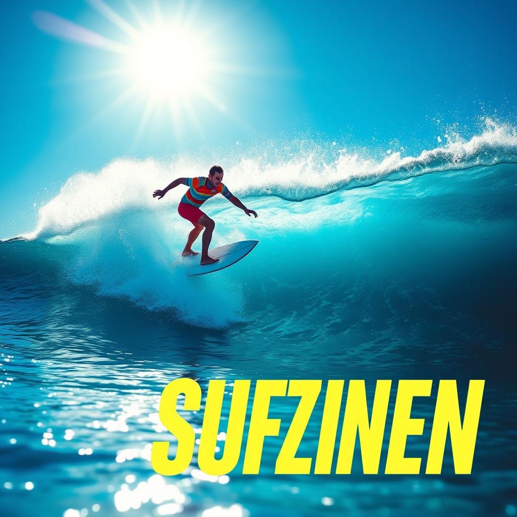 A dynamic scene of a surfer skillfully riding a massive, glistening blue wave