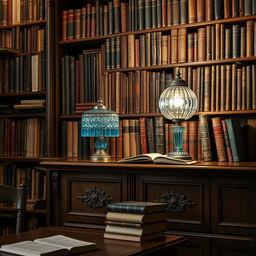 Stupendi libri da collezione impilati in un'alta fila su una scrivania antica