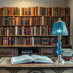 Stupendi libri da collezione impilati in un'alta fila su una scrivania antica