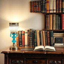 Stupendi libri da collezione impilati in un'alta fila su una scrivania antica