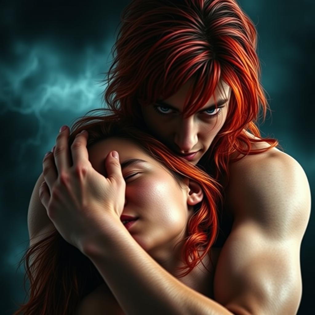 A dramatic scene featuring a couple, where the man has striking blue eyes and the woman has vibrant red hair