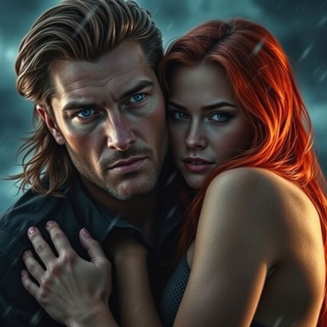 A dramatic scene featuring a couple, where the man has striking blue eyes and the woman has vibrant red hair