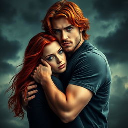 A dramatic scene featuring a couple, where the man has striking blue eyes and the woman has vibrant red hair
