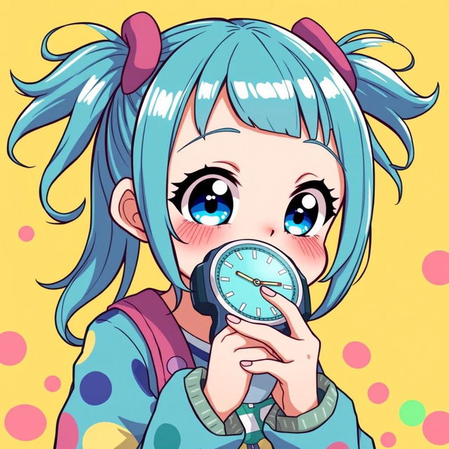 A vibrant illustration of an anime girl with cyan teal pigtails, styled in playful, high-energy ponytails