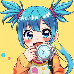 A vibrant illustration of an anime girl with cyan teal pigtails, styled in playful, high-energy ponytails