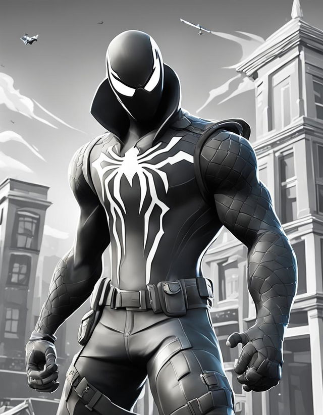 Fortnite-themed colouring sheet featuring an intricate outline of Venom skin in Tilted Towers.