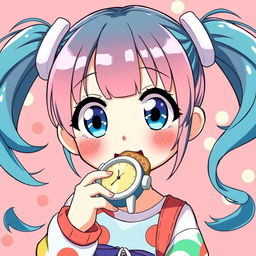 A vibrant illustration of an anime girl with cyan teal pigtails, styled in playful, high-energy ponytails