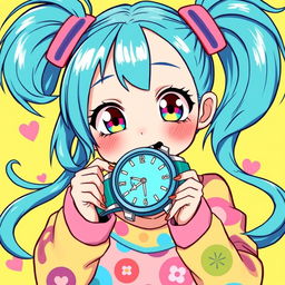 A vibrant illustration of an anime girl with cyan teal pigtails, styled in playful, high-energy ponytails