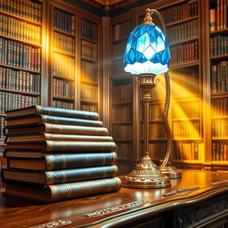 A stunning collection of antique books stacked on an ornate wooden desk, surrounded by radiant golden light