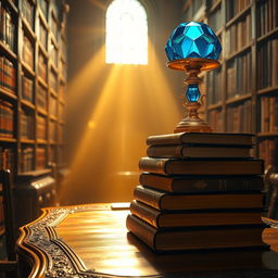 A stunning collection of antique books stacked on an ornate wooden desk, surrounded by radiant golden light