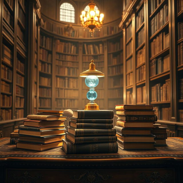 A stunning collection of antique books stacked on an ornate wooden desk, surrounded by radiant golden light