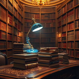 A stunning collection of antique books stacked on an ornate wooden desk, surrounded by radiant golden light