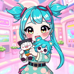 A vibrant and charming illustration of a VTuber character with cyan teal pigtails, styled in cute and energetic ponytails