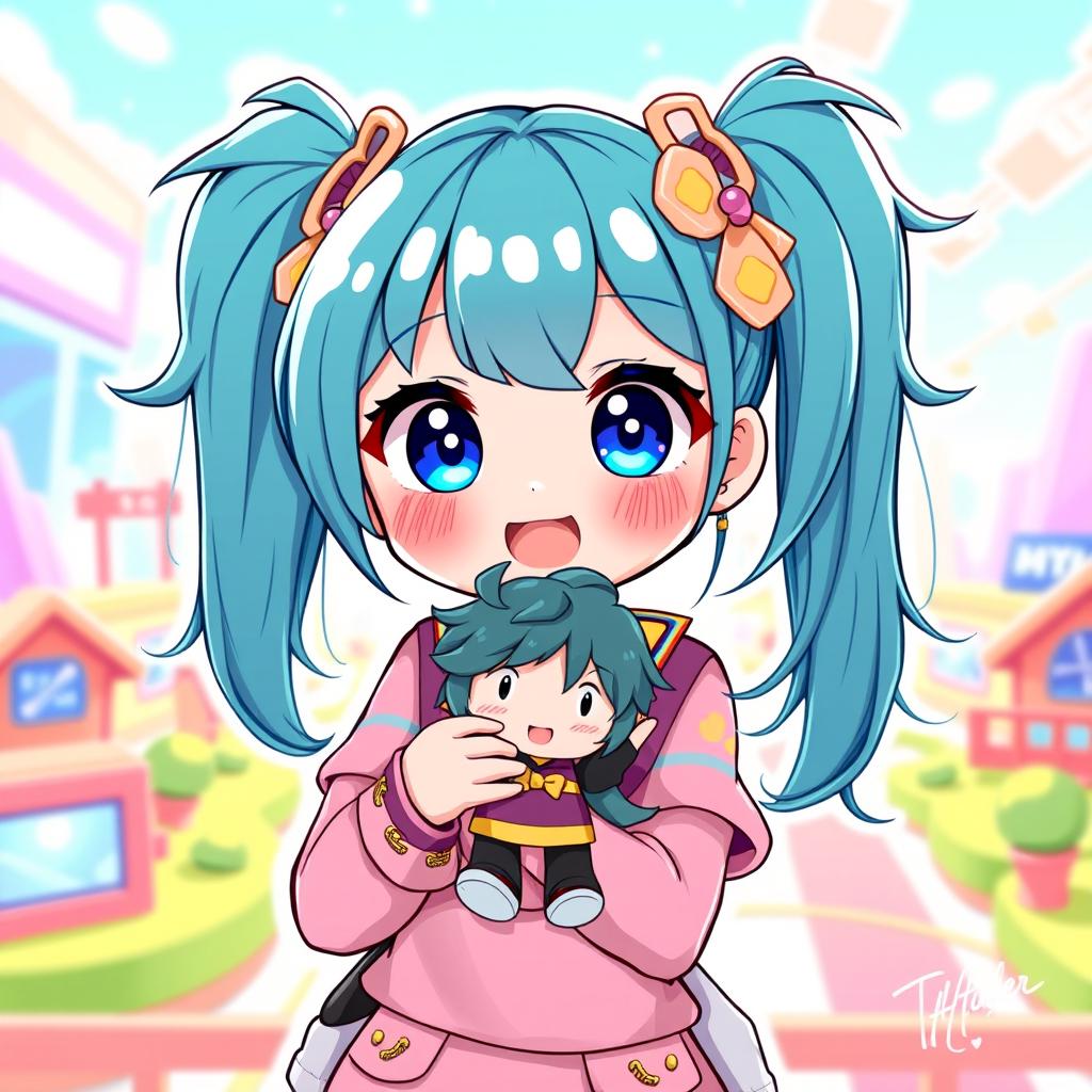 A vibrant and charming illustration of a VTuber character with cyan teal pigtails, styled in cute and energetic ponytails