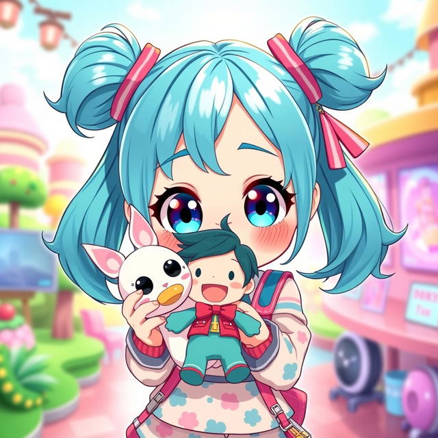 A vibrant and charming illustration of a VTuber character with cyan teal pigtails, styled in cute and energetic ponytails