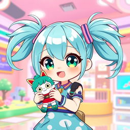 A vibrant and charming illustration of a VTuber character with cyan teal pigtails, styled in cute and energetic ponytails