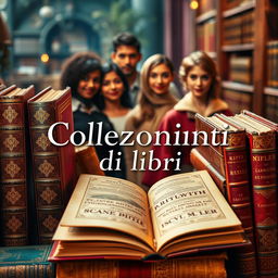 A book cover for a novel titled 'Collezionisti di libri', featuring an artistic arrangement of precious and rare books, beautifully bound with intricate designs and gold leaf
