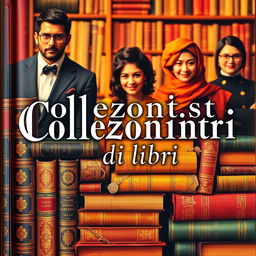 A book cover for a novel titled 'Collezionisti di libri', featuring an artistic arrangement of precious and rare books, beautifully bound with intricate designs and gold leaf