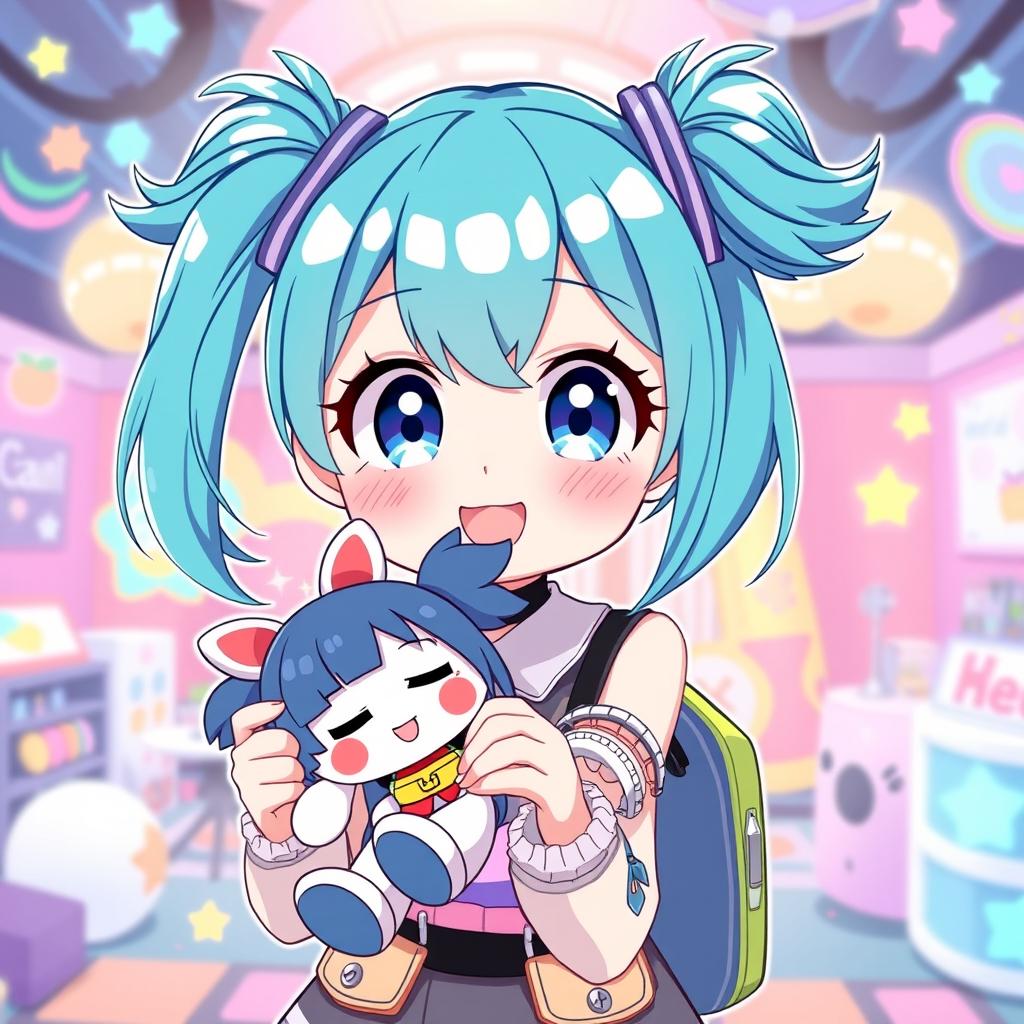 A lively and adorable illustration of a VTuber character with cyan teal pigtails, styled in playful high ponytails