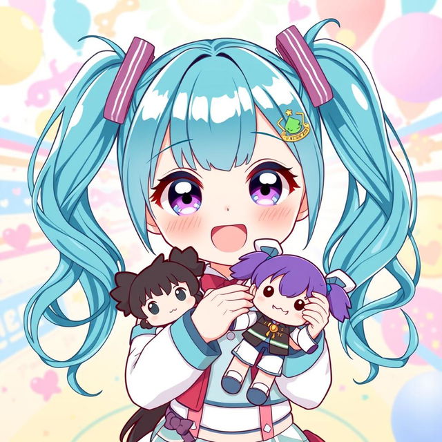 A lively and adorable illustration of a VTuber character with cyan teal pigtails, styled in playful high ponytails