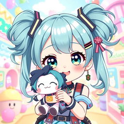 A lively and adorable illustration of a VTuber character with cyan teal pigtails, styled in playful high ponytails