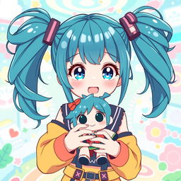 A lively and adorable illustration of a VTuber character with cyan teal pigtails, styled in playful high ponytails