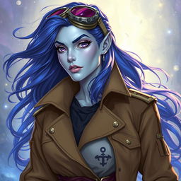 Lucira, illustrated in the style of DnD character art, is a striking figure characterized by her sleek silver skin and flowing indigo hair that appears to float gently within the ambient energy of the demiplane