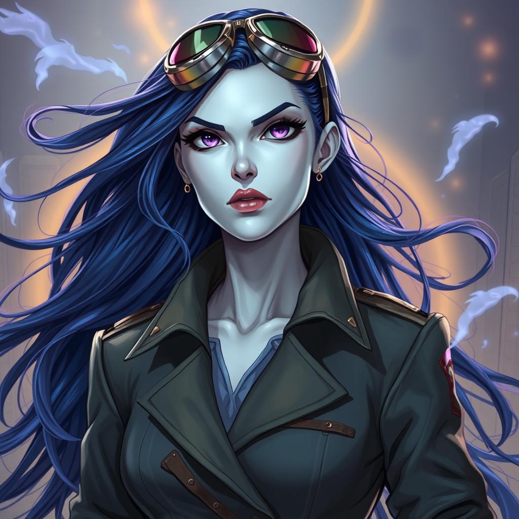 Lucira, illustrated in the style of DnD character art, is a striking figure characterized by her sleek silver skin and flowing indigo hair that appears to float gently within the ambient energy of the demiplane