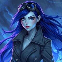 Lucira, illustrated in the style of DnD character art, is a striking figure characterized by her sleek silver skin and flowing indigo hair that appears to float gently within the ambient energy of the demiplane