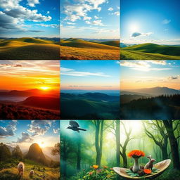 A creative montage of various stunning images blended together, featuring a serene landscape with rolling hills under a bright blue sky, a vibrant sunset casting warm colors, and an ethereal forest with mystical creatures