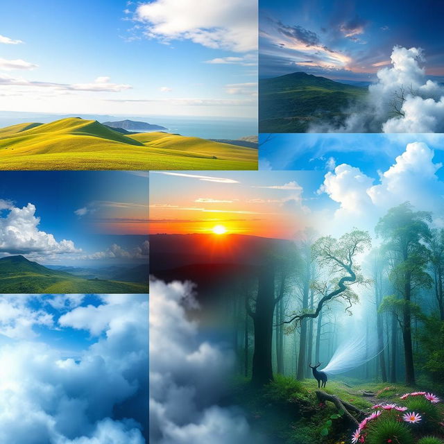 A creative montage of various stunning images blended together, featuring a serene landscape with rolling hills under a bright blue sky, a vibrant sunset casting warm colors, and an ethereal forest with mystical creatures