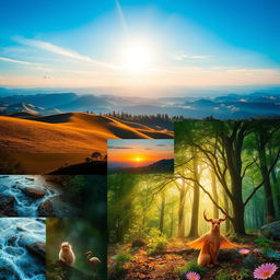 A creative montage of various stunning images blended together, featuring a serene landscape with rolling hills under a bright blue sky, a vibrant sunset casting warm colors, and an ethereal forest with mystical creatures