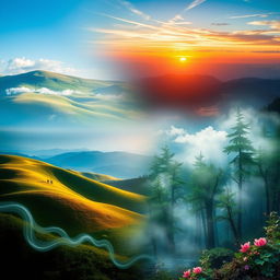 A creative montage of various stunning images blended together, featuring a serene landscape with rolling hills under a bright blue sky, a vibrant sunset casting warm colors, and an ethereal forest with mystical creatures