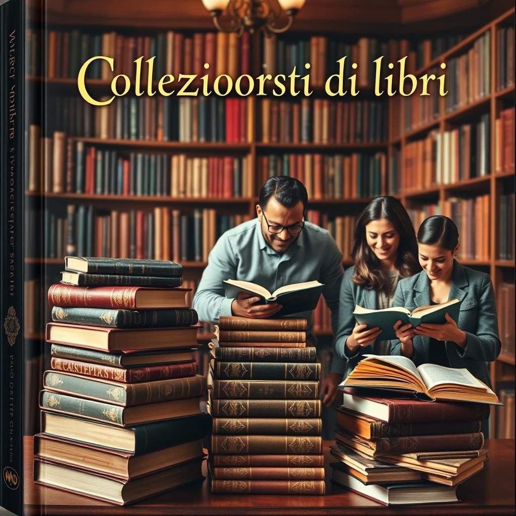 A captivating book cover for 'Collezionisti di libri', featuring an array of precious books stacked elegantly, their covers adorned with intricate designs and gold lettering