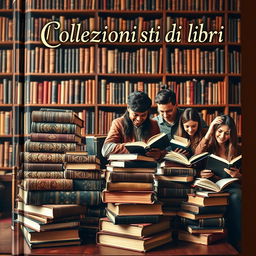 A captivating book cover for 'Collezionisti di libri', featuring an array of precious books stacked elegantly, their covers adorned with intricate designs and gold lettering