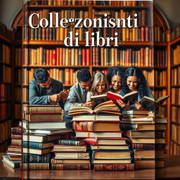 A captivating book cover for 'Collezionisti di libri', featuring an array of precious books stacked elegantly, their covers adorned with intricate designs and gold lettering