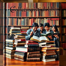 A captivating book cover for 'Collezionisti di libri', featuring an array of precious books stacked elegantly, their covers adorned with intricate designs and gold lettering