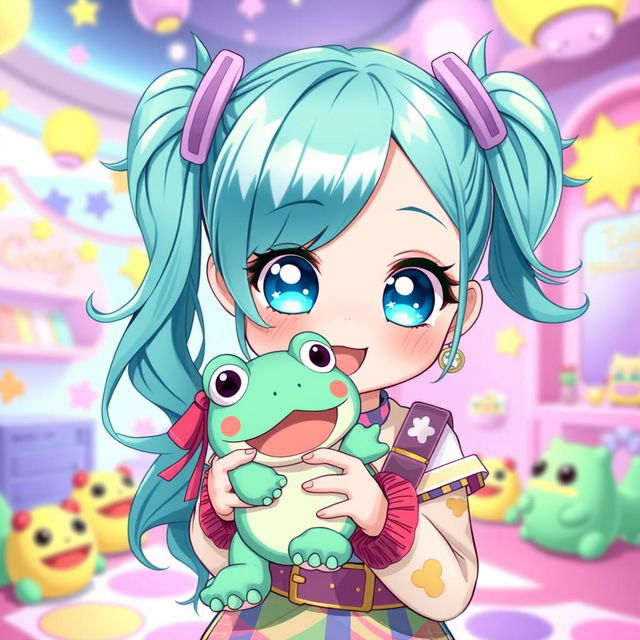 A charming illustration of a VTuber character with cyan teal pigtails, styled in lively, playful ponytails