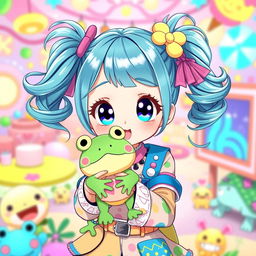 A charming illustration of a VTuber character with cyan teal pigtails, styled in lively, playful ponytails