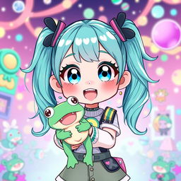 A charming illustration of a VTuber character with cyan teal pigtails, styled in lively, playful ponytails
