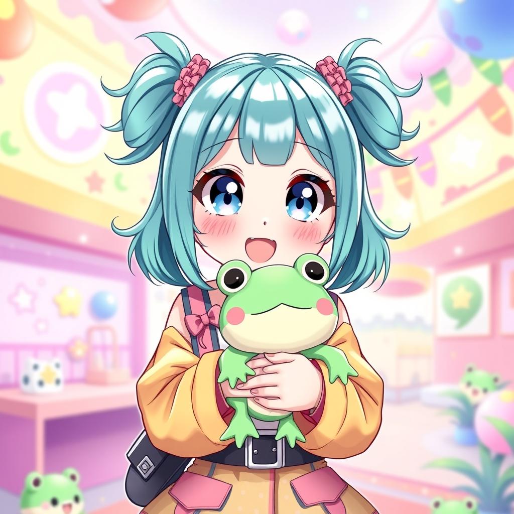 A charming illustration of a VTuber character with cyan teal pigtails, styled in lively, playful ponytails