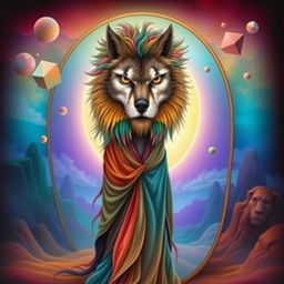 A surreal artwork depicting a person standing in front of a mirror, with a face that is a blend of various animal features, including the eyes of an owl, the nose of a wolf, and the mouth of a lion