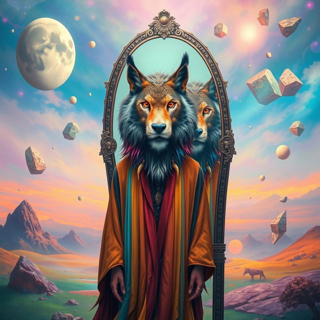 A surreal artwork depicting a person standing in front of a mirror, with a face that is a blend of various animal features, including the eyes of an owl, the nose of a wolf, and the mouth of a lion