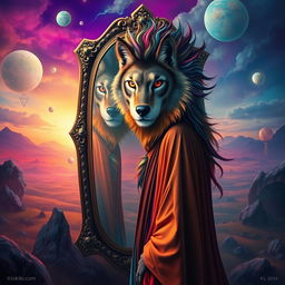 A surreal artwork depicting a person standing in front of a mirror, with a face that is a blend of various animal features, including the eyes of an owl, the nose of a wolf, and the mouth of a lion