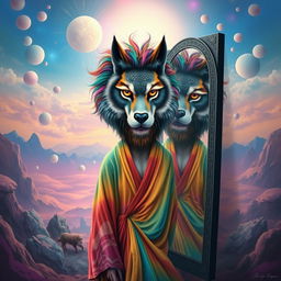 A surreal artwork depicting a person standing in front of a mirror, with a face that is a blend of various animal features, including the eyes of an owl, the nose of a wolf, and the mouth of a lion